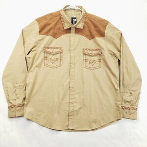 NEW Coofandy Western Shirt Men XL Brown Sueded Embroidered Pockets Classic